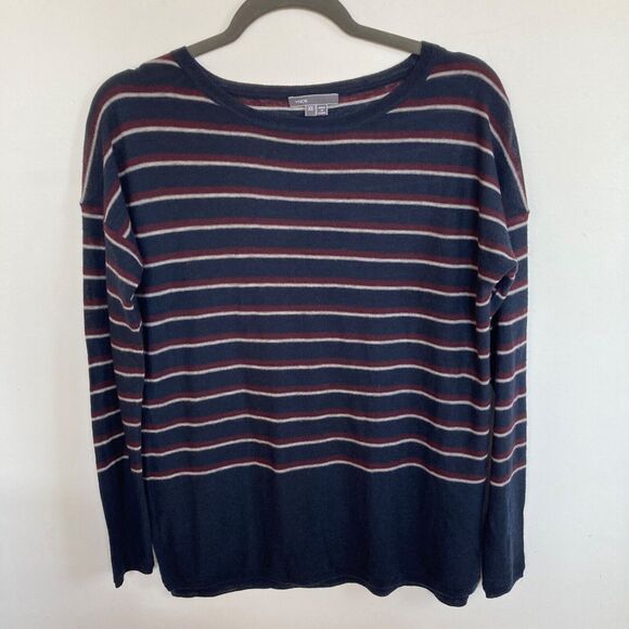 VINCE Women's Navy Wine Gray Stripe Wool Cashmere Soft Light Weight Sweater  XS - Picture 2 of 7